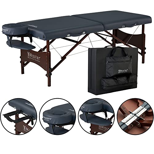 Master Massage Newport Portable Massage Table Package with Denser 2.5" Cushion, Walnut Stained Hardwood, Steel Support Cables, Pillows & Accessories, Black, 30"
