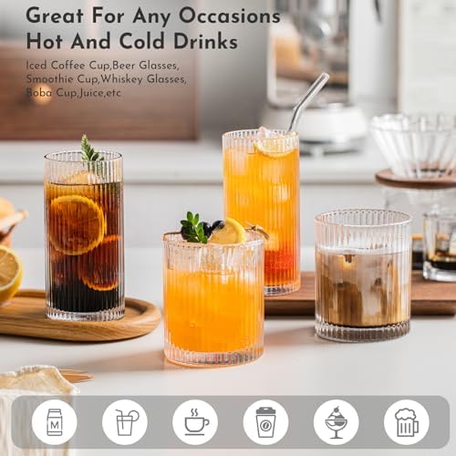 INSETLAN Set of 8 Vintage Glassware - 4 Highball Glasses 12 oz, 4 Rocks Glass Cups 14 oz, Ribbed Glassware Cocktail Glasses, Ideal for Wine, Juice