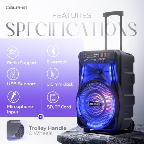 Dolphin Large Bluetooth Party Speaker with Trolley & Wheels, 12" Woofer | WaveSync Pairing, 5-Band EQ, Piezo Tweeter, USB, SD, FM & AUX Inputs