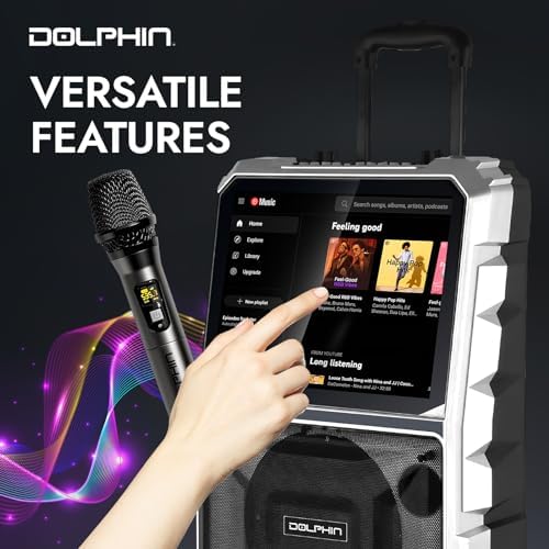 Dolphin KB-85R Karaoke Machine with Wireless Microphone, 8" Woofer | 14" Tablet, 100W RMS, 5400mAh Battery, Bluetooth, HDMI Output, USB, SD, FM