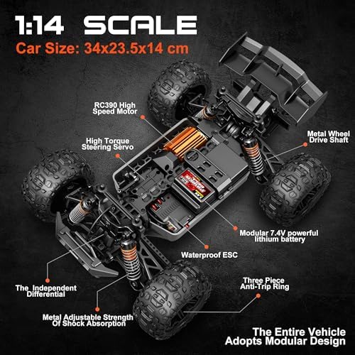 1:14 Scale All Terrain RC Cars for Adults & Boys (HS14323), Max Fast 40+ KPH, 4WD Off-Road RC Truck for Snow & Sand & Mud, 4X4 Waterproof Remote Control Car with 2 Rechargeable Batteries