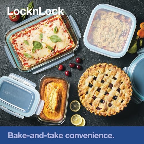 LOCK & LOCK LocknLock Purely Better Glass Round Pie Baking Dish/Food Storage Container with Lid, 9.5 Inch, Clear
