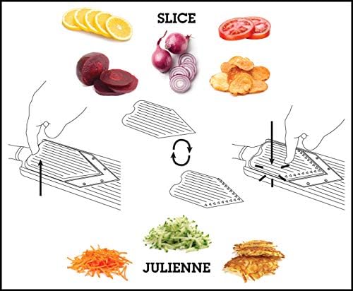 Microplane Adjustable Mandoline Slicer with V-Blade and Julienne Stainless Steel Blades, Handheld Mandoline for Potatoes, Carrots and Other Vegetables