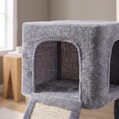 32" Cat Tree for Indoor Cats, 2-in-1 Cat House with Sisal Scratching Post & Ramp, 2-Level Cat Tower with Rotatable Feather & Ball Toys, Stable Grey Cat Condo for Small/Medium Cats, Grey