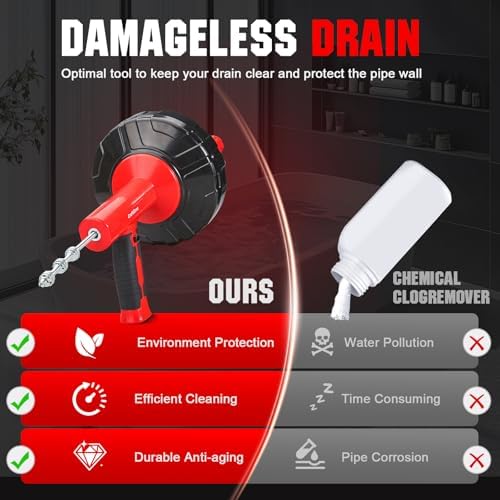 Drain Auger 33 Ft with Easy Cable Rewind System, Plumbing Snake with Drill Adapter, 2026 Upgraded Flexible Spring Steel Drain Cleaner for Kitchen