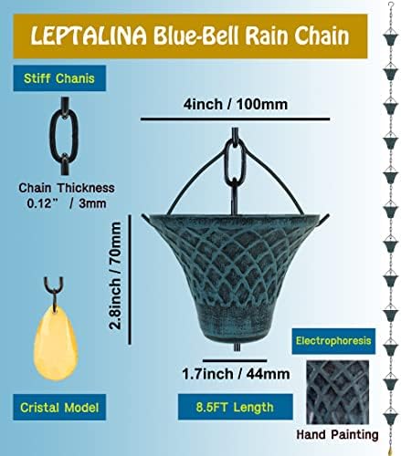 8.5FT Bell Iron Rain Chain for Gutters and Rain Barrel+Adapter, Blue
