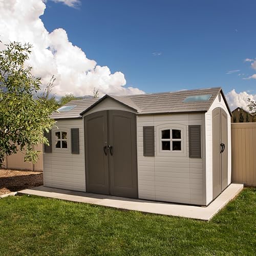 Lifetime 15×8 Ft Dual‑Entry Outdoor Storage Shed, Steel‑Reinforced, UV‑Protected, Weather‑Resistant Backyard Garden Shed with Skylights