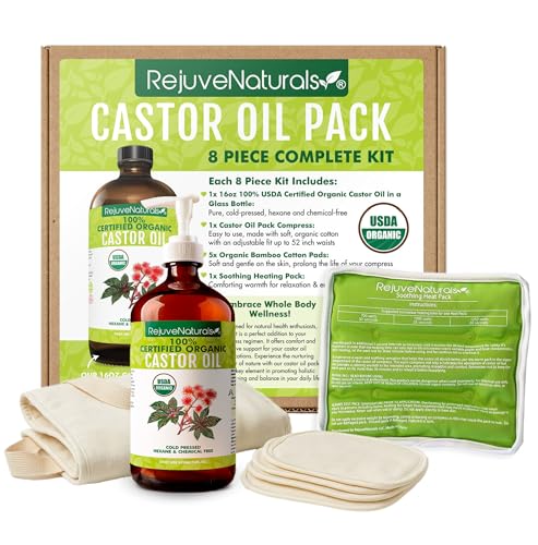 RejuveNaturals Castor Oil (16oz Glass Bottle) USDA Certified Organic, 100% Pure, Cold Pressed, Hexane Free. Boost Hair Growth for Thicker, Fuller Hair, Lashes & Eyebrows.
