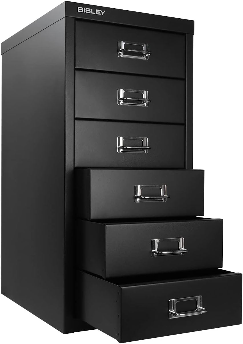 5-Drawer Steel MultiDrawer Cabinet - Orange, by Bisley | Chrome Pull Handles with Label Holders, Powder-Coated Steel, Removable Drawers, Desktop Storage, Labels Included