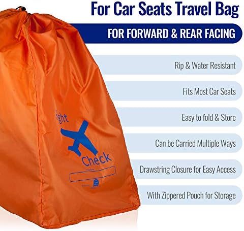 Car Seat Travel Bag and Carrier for Gate Check with Travel Pouch - Bright Orange with Blue Letters for Airport, Airplane Gate Check
