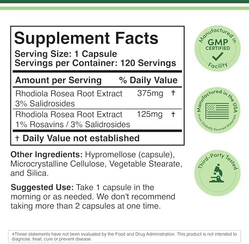 Rhodiola Rosea 500mg, Standardized, Stress, Focus + Energy, 120 Capsules