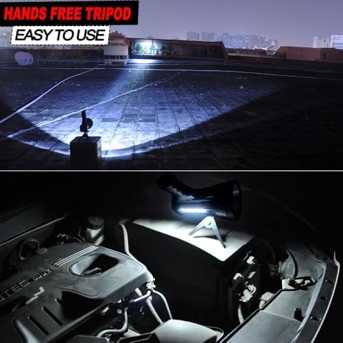 BIGSUN Q953 Rechargeable Spotlight,100000 High Lumen LED Flashlightv with COB Flood Light, Built-in 10,000 mAh Li-Ion Battery for Patrol, Working, Hunting, Red Lens and Tripod