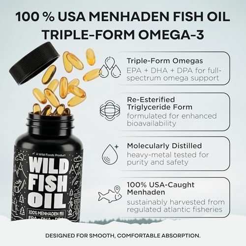 Wild Foods Fish Oil Omega 3 Supplements, 1600mg EPA DHA DPA, 60 Capsules | Burpless, Odorless, Non-GMO, Gluten Free, Supports Brain, Heart & Joint Health, 30 Servings, 1 Pack, Worldwide Sourced