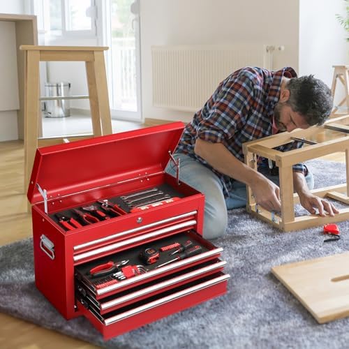 24" Metal Portable Tool Box with 5 Drawers, Lockable, Red | ToolBox with Top Storage Tray, Carry Handle, Ball Bearing Runners, Tool Chest Cabinet for Garage, Warehouse, Repair Shop