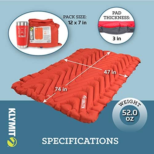 Klymit Insulated Double V Inflatable Sleeping Pad | Double Wide, Thick, Lightweight, Easy to Inflate, Foldable Air Bed for Camping & Backpacking