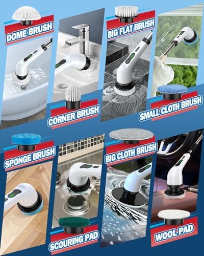 Electric Spin Scrubber, IPX7 Waterproof Cordless Cleaning Brush with 8 Replaceable Heads, Dual Speed & USB-C Charging
