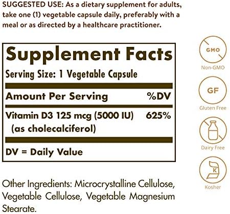 Solgar Vitamin D3 (Cholecalciferol) 125 Mcg (5000 IU), 120 Vegetable Capsules - Helps Maintain Healthy Bones & Teeth - Immune System Support - Non-GMO, Gluten Free, Dairy Free, Kosher - 120 Servings | Helps Maintain Healthy Bones & Teeth, Immune System S…