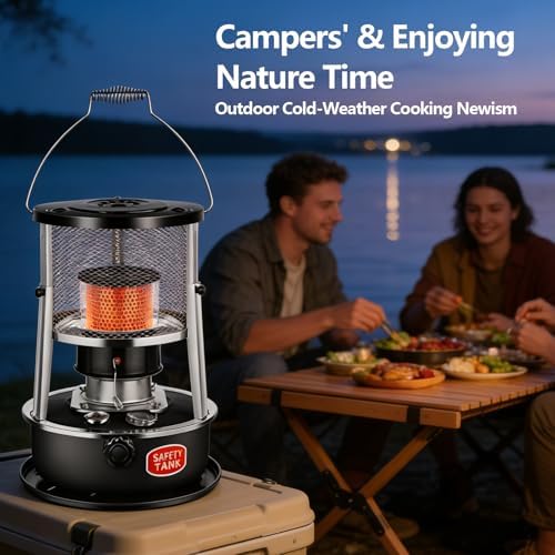 Portable Kerosene Heater, Adjustable Height 5.2L 20-25 Hours Heat 2.6KW Output for Garage Camping Emergency, with Safety Net and Accessories