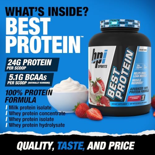 BPI Sports Best Protein – 100% Whey Protein Powder – Muscle Growth, Recovery, Meal Replacement – No Maltodextrin, No Fillers, Gluten Free – for Men & Women | Strawberries and Cream – 5.2 Pounds
