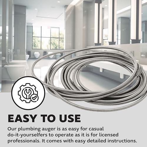 PlumbCraft 25 Ft Drain Auger, 1/4-Inch Steel, Hand-Cranked, Vinyl Grip | Galvanized Steel Crank Handle, High-Torque Design, Vinyl Grip Handle, for Drains Up to 2 in., Pipe Snake for Drain 25 Ft