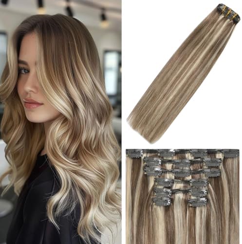 WindTouch Clip In Hair Extensions Human Hair Mixed Bleach Blonde 18Inch 75g Hair Extensions for Women Remy Blonde Extensions Clip in #18p613 7PCS