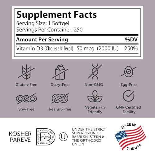Zahler - Advanced Vitamin D3 2000 IU Softgels (250 Count) Kosher Vegetarian Friendly Vitamin D for Immune Support, Bone, Teeth & Muscle Health - Daily D3 Vitamin Supplement for Adults - Easy Swallow V