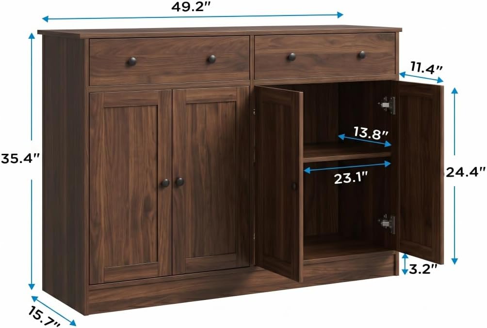 holzart White Buffet Cabinet with Storage, 49" Modern Kitchen Sideboard with 4 Doors & Adjustable Shelves, Wood Coffee Bar Cabinet Console Table for Dining Room, Living Room, Entryway