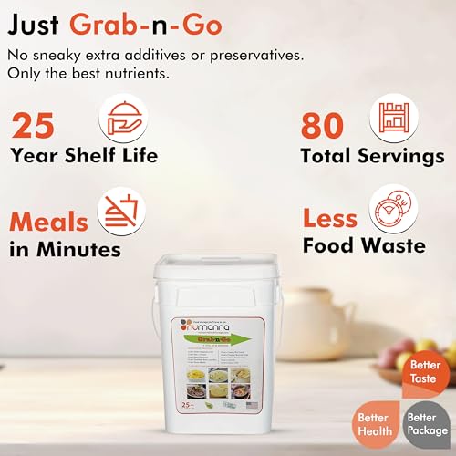 Numanna Grab-n-Go Bucket 80 Servings, 12 lbs | Freeze-Dried Premade Meals | 25+ Year Shelf Life | Non-Perishable, Ready-to-Eat Breakfast & Dinner Everyday Meals | Emergency & Survival Food Kit | Made in USA