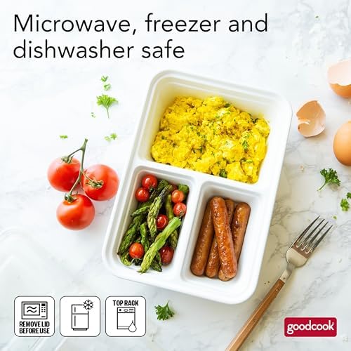 GoodCook Food Storage Containers for Meal Prep Rectangle Three Compartments & Made without BPA, 20-Piece, White