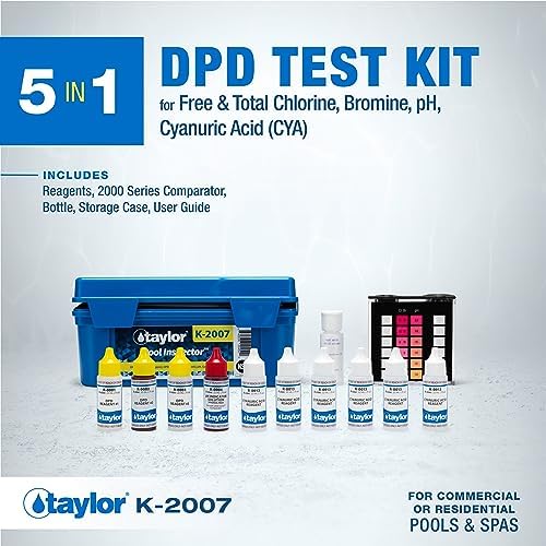 Taylor Technologies K-2007 DPD, 5-in-1 Pool Inspector High Range Test Kit for Free & Total Chlorine, Total Bromine, pH, Cyanuric Acid