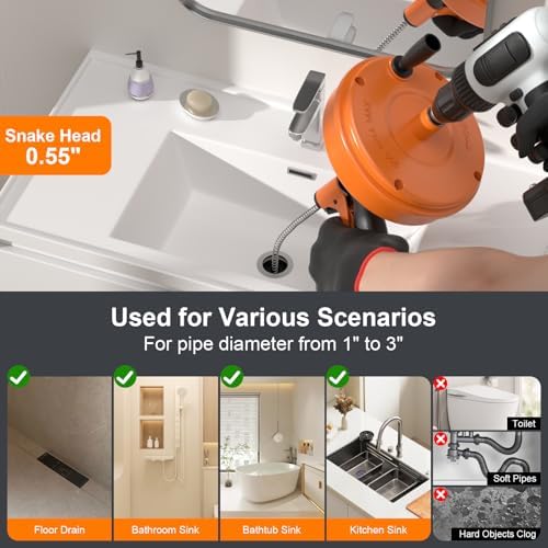 【2026 Upgraded】50 FT Drain Snake, Plumbing Snake Drain Auger Hair Clog Remover, Flexible Plumbing Snake Use Manually or Powered for Kitchen