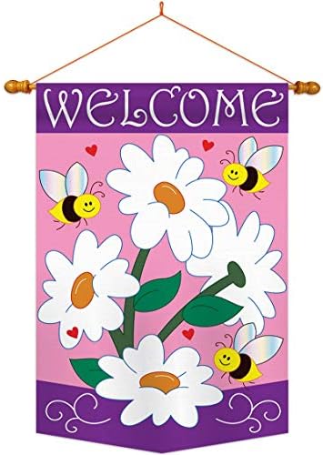 Two Group HS104060-P2-03 Daisies Spring Floral Applique Decorative Vertical 28" x 44" Double Sided House Flag Set Wood Dowel with String Hardware