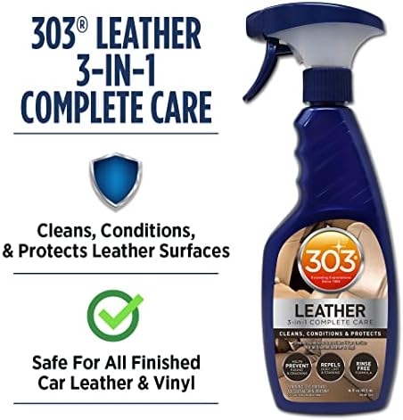 303 Products Leather 3-In-1 Complete Care - Cleans, Conditions, & Protects - Helps Prevent Fading & Cracking - Rinse Free Formula - Repels Dust, Lint, & Staining, 16 fl. oz. (30218CSR) Packaging May Vary