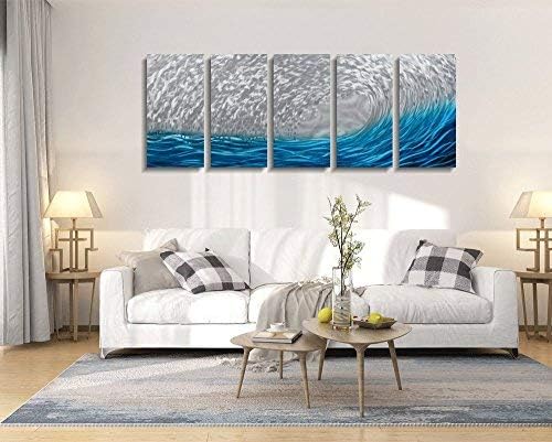 Yihui Arts Handcrafted 3D Metal Wall Art - Ocean Wave Sculpture, 5 - Panel Aluminum Decor for Living Room, Bedroom & Office