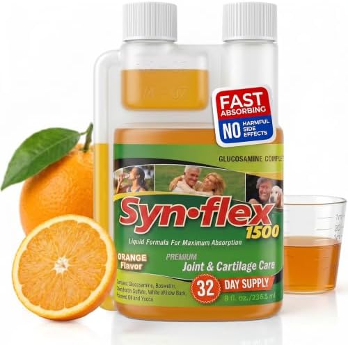 Synflex Joint Support Supplement 32-Day Supply 8oz | Liquid Glucosamine 1500mg & Chondroitin | HSA/FSA High Concentration Orange Flavor with White Willow Bark, Manganese & Boswellia for Men & Women