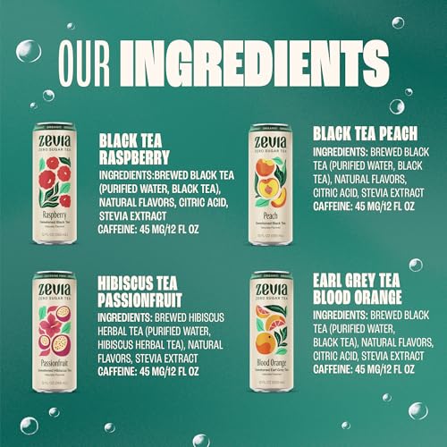 Zevia Zero Sugar Tea, Hibiscus Tea with Passionfruit Caffeine Free, 12 oz Cans (12-Pack) – Naturally Sweetened, Zero Calorie Sugar Free - Non-GMO Project Verified, Gluten-Free, Vegan