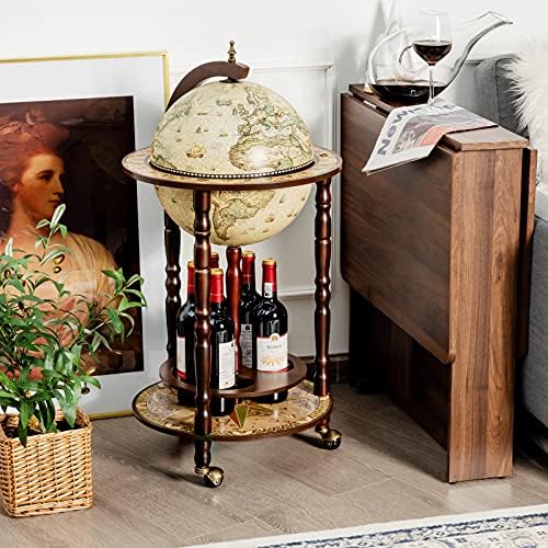 LDAILY Moccha 17” Globe Wood Wine Bar Stand, 16th Century Italian Replica Liquor Bottle Shelf w/Wheels, Wood Wine Cart Cabinet w/Bottom Shelf