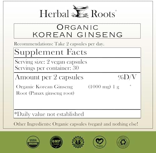 Herbal Roots Panax Ginseng | Organic Korean Ginseng Root Powder | 1000mg | High Ginsenosides for Energy & Performance | 60 Vegan Capsules