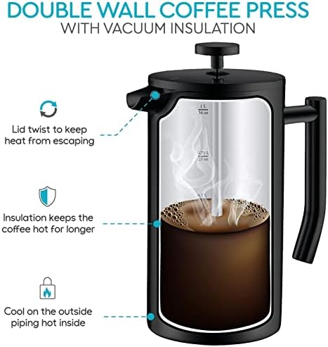 French Press Coffee Maker - 50oz Stainless Steel, Insulated Coffee Press | Large 6 Cup 50oz Capacity, Double Wall Keeps Coffee Hot, 4 Level Filter for Ground Free Coffee, 2 Extra Filters, Matte Black