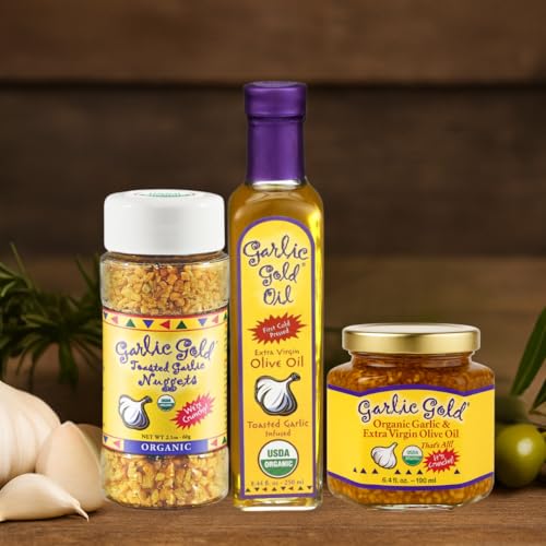 Garlic Gold Extra Virgin Olive Oil Infused with Garlic, Premium Certified USDA Organic, Low FODMAP, Cold Pressed (250 mL, 6 Pack) | 8.44 Fl Oz - 250 ml (6 Pack), First Cold Pressed, Hand Crafted, Artisanal, USDA Organic, Low FODMAP, Gluten Free