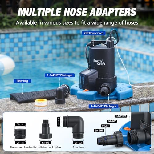 1/4 HP Pool Cover Pump, Automatic On/Off 2774 GPH Submersible Water Pump with 25FT Power Cord, Check Valve & Hose Adapters for Swimming Pools