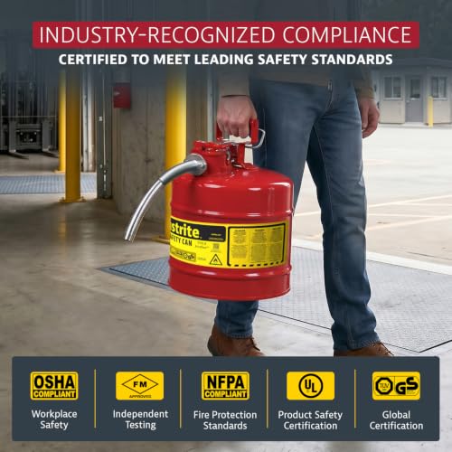 Justrite Type II Gasoline Safety Can, Red Galvanized Steel, FM Approved | Flammable Liquid Storage Can with Controlled Pouring, 5 Gallon Capacity