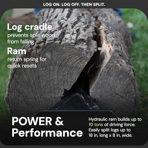 Sun Joe Cordless Manual Hydraulic Steel Beam Log Splitter, Portable and Compact, 10 Ton Capacity - Wood Splitting Machine and Equipment for Fireplace