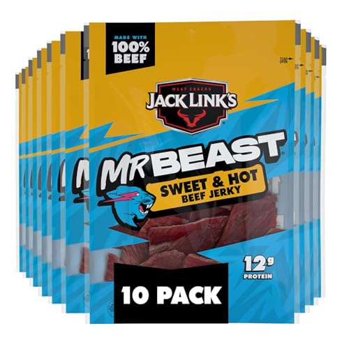 Jack Link's MrBeast Beef Jerky, Peppered Beef Jerky - 10 Count | As Seen on Beast Games, 11g Protein, Made with 100% Real Beef, Pantry-Ready Snacks