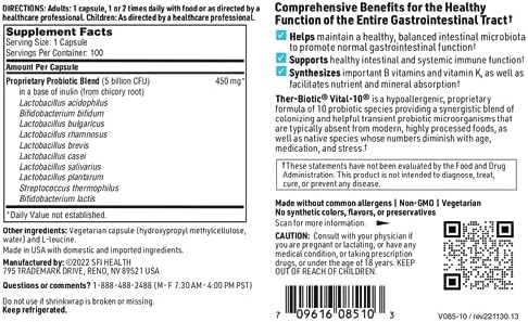 Klaire Labs SFI Health Ther-Biotic Vital 10, 100 Capsules | Support Gut Health, A Balanced Microbiome & Immune Function, Multistrain Probiotic with Lactobacillus, Bifidobacterium & More