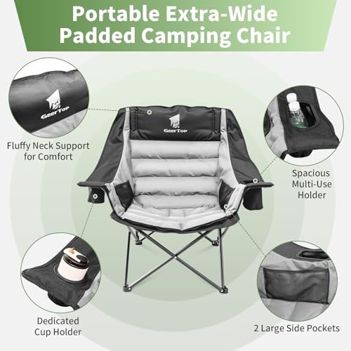 GEERTOP Oversized Padded Camping Folding Chair with Removable Footrest | Extra Comfort chair, Heavy-duty Frame, Supports up to 400 lbs, Foldable