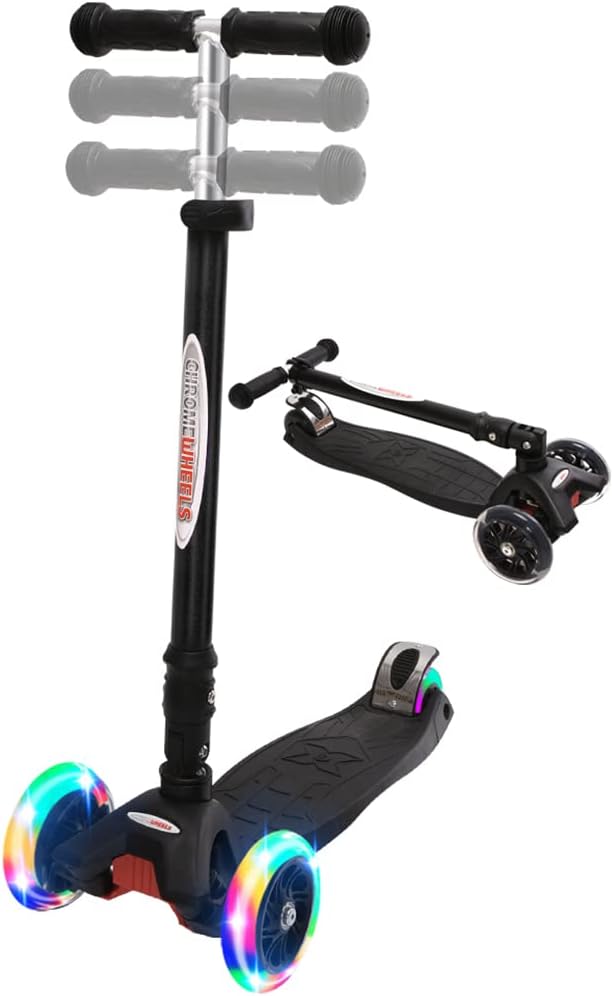 ChromeWheels Foldable Scooters for Kids, Deluxe Kick Scooter 4 Adjustable Height 132lbs Weight Limit 3 Wheel, Lean to Steer LED Light Up Wheels