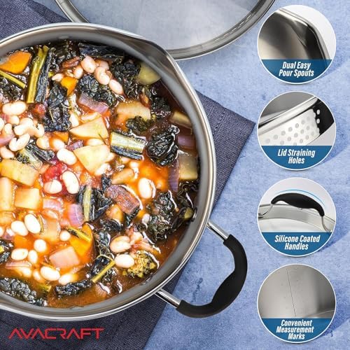 AVACRAFT 6 Quart Stainless Steel Stock Pot with Glass Strainer Lid | 5-Layer Capsule Base, Tempered Glass Strainer Lid, Drip-Free Pour Spouts, Induction Compatible, Dishwasher Safe