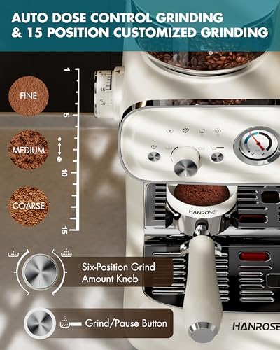 Espresso Machine with Grinder and Milk Frother, 20 Bar ULKA Pump | Fully Removable Burr Assembly, Adjustable Dosing & Independent Hot Water for Latte