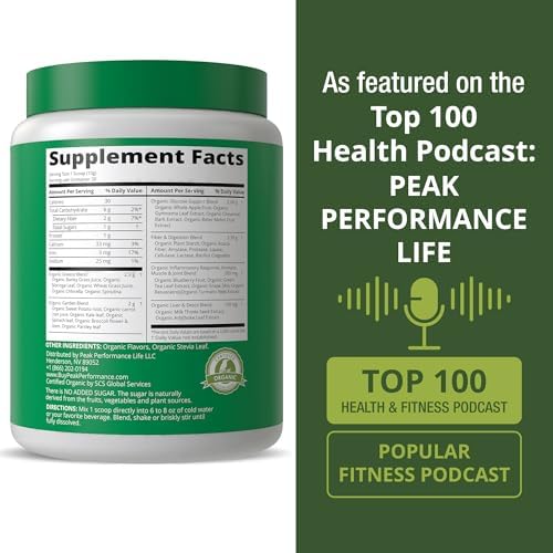 Peak Performance Organic Greens Superfood Powder. Best Tasting Super Greens | Powder with 25+ Organic Ingredients for Max Energy and Athletic Performance. Vegan Keto Green Juice Daily Drink